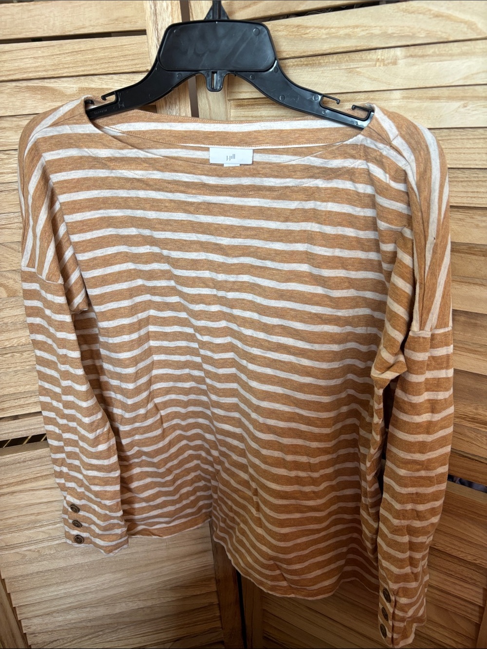 J. Jill Cream and Tan Striped Long Sleeve Tee with button details medium